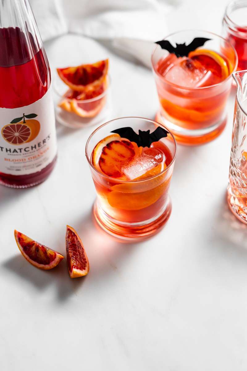 A twist on the classic Negroni infused with Blood Orange liqueur from Thatcher's Organic, and fresh blood orange, served on the rocks with dry ice for upcoming fall and halloween!