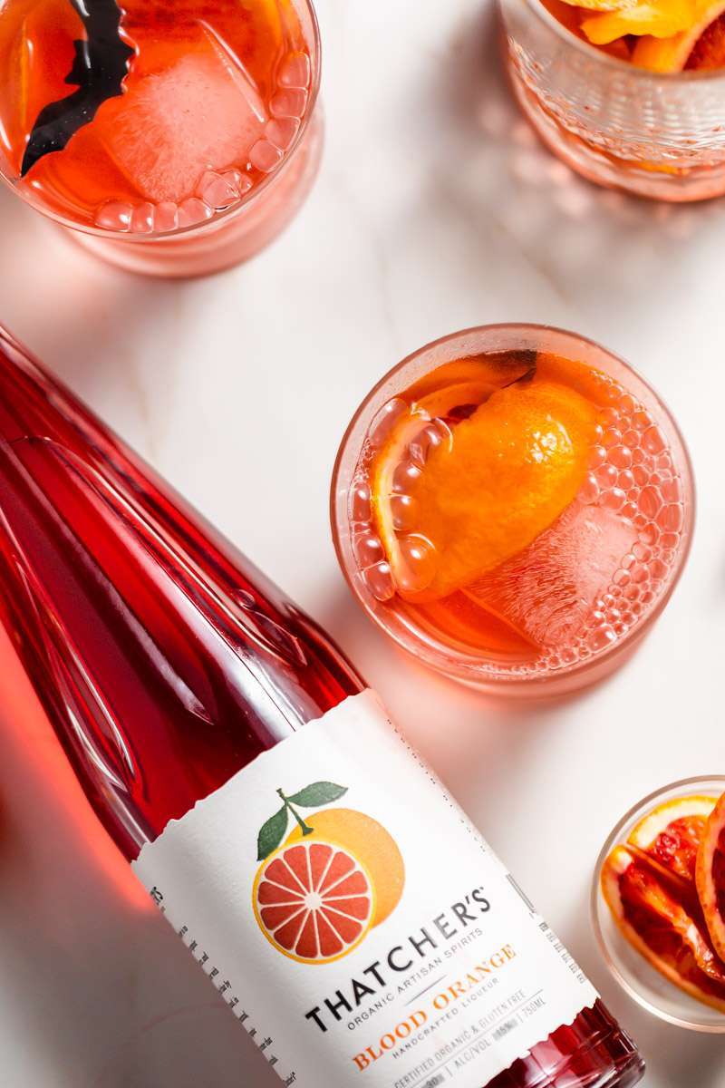 A twist on the classic Negroni infused with Blood Orange liqueur from Thatcher's Organic, and fresh blood orange, served on the rocks.