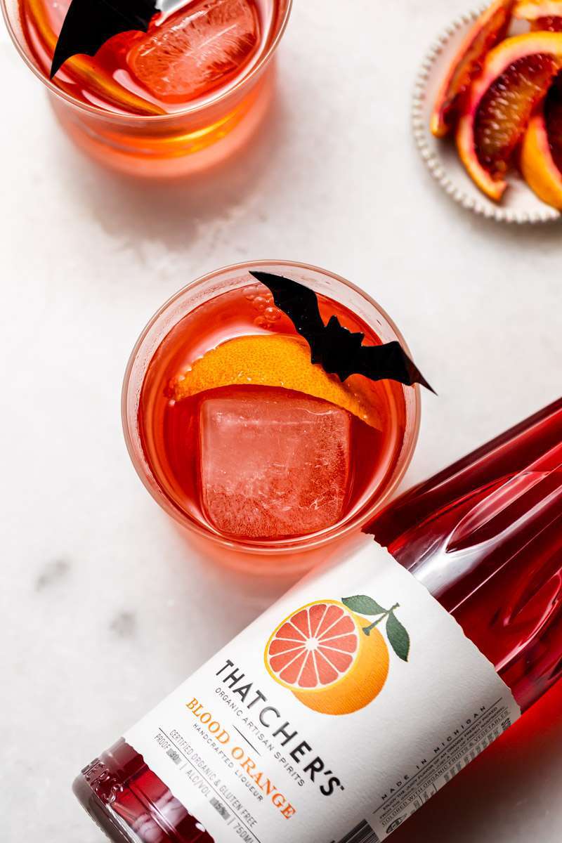 A twist on the classic Negroni infused with Blood Orange liqueur from Thatcher's Organic, and fresh blood orange, served on the rocks with dry ice for upcoming fall and halloween!