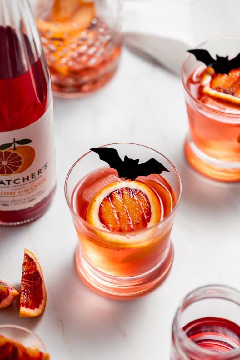 A twist on the classic Negroni infused with Blood Orange liqueur from Thatcher's Organic, and fresh blood orange, served on the rocks with dry ice and bats for upcoming fall and halloween!