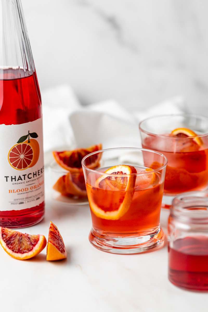 A twist on the classic Negroni infused with Blood Orange liqueur from Thatcher's Organic, and fresh blood orange, served on the rocks.