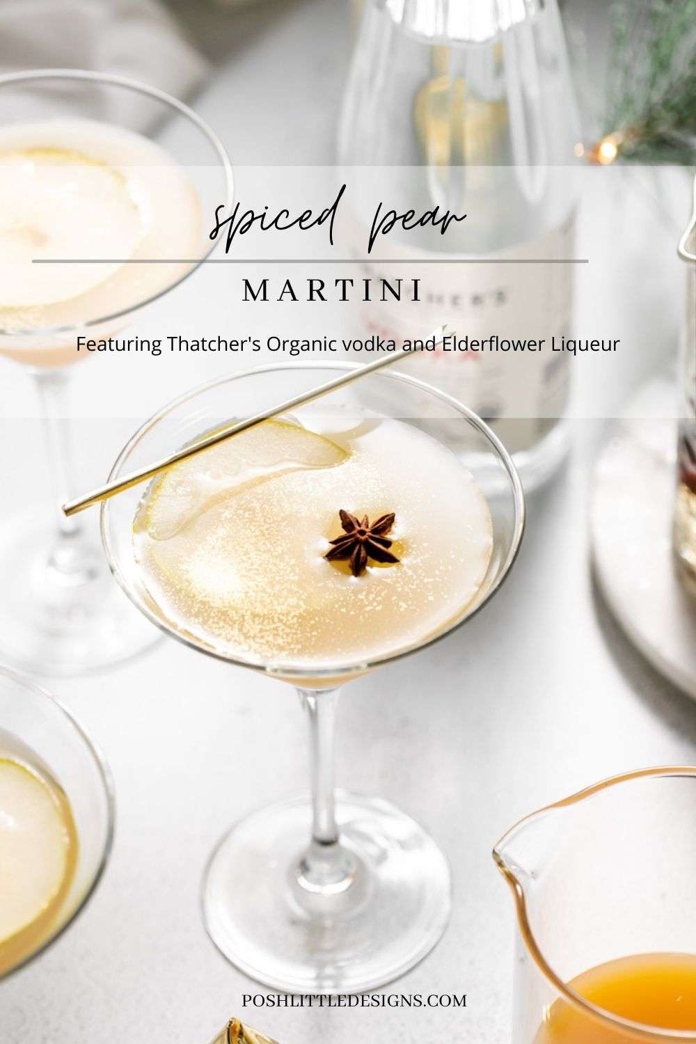 Spiced Pear Martini for the holiday season - Made with Thatcher's Organic Vodka, pear juice, elderflower and spiced simple syrup.