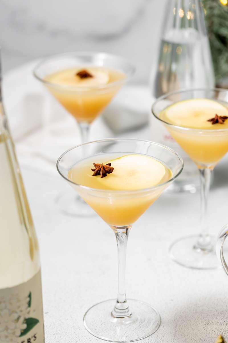Spiced Pear Martini for the holiday season - Made with Thatcher's Organic Vodka, pear juice, elderflower and spiced simple syrup.