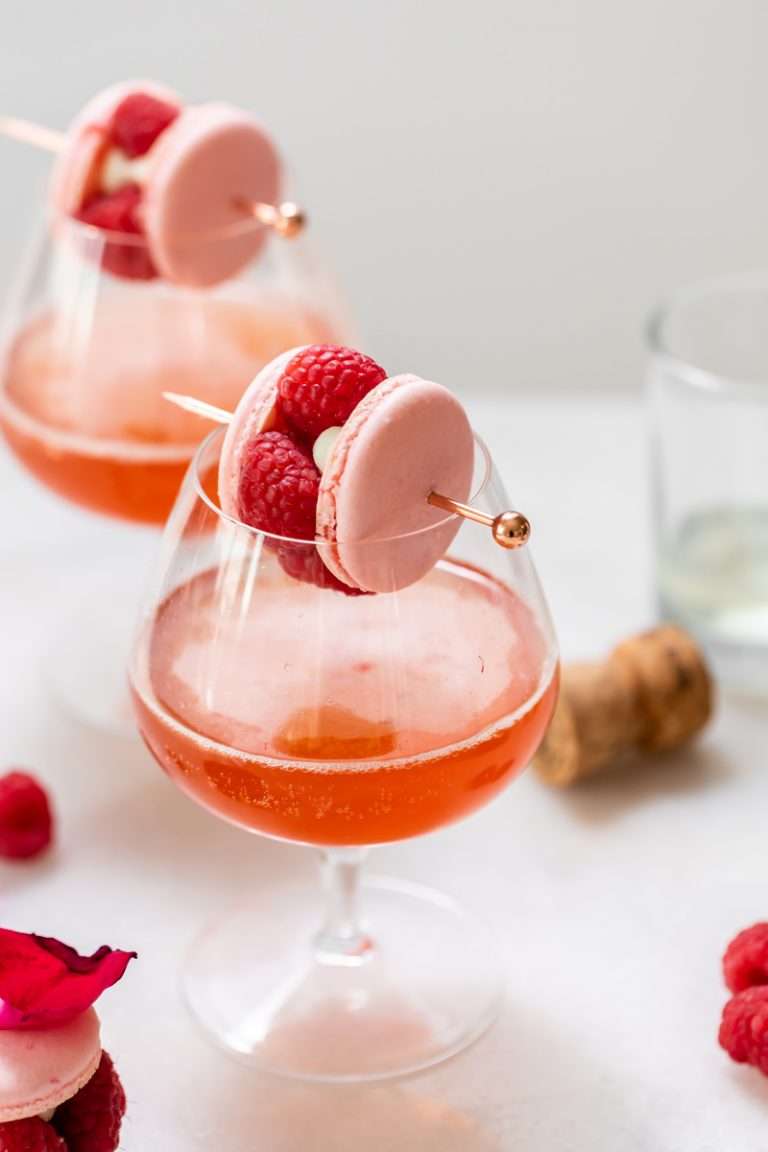 ispahan macaron cocktails, inspired by the French pastry. Mixed with lychee, and raspberry liqueur, almond syrup and champagne. Perfect for Valentine's Day