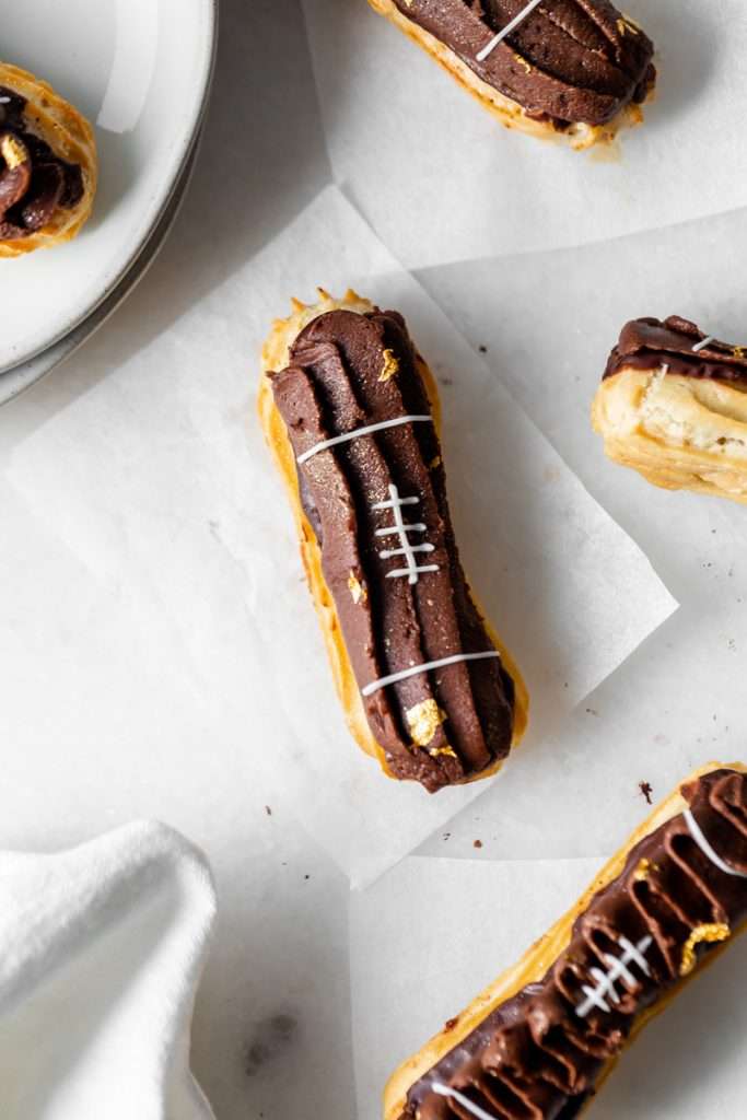 How to make chocolate peanut butter football eclairs for Super Bowl Sunday. Dairy Free Recipe