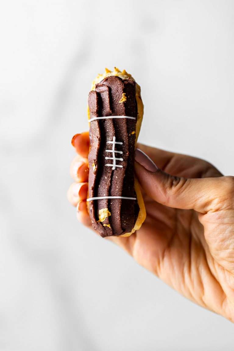 How to make chocolate peanut butter football eclairs for Super Bowl Sunday. Dairy Free Recipe