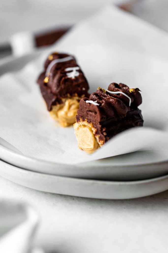 How to make chocolate peanut butter football eclairs for Super Bowl Sunday. Dairy Free Recipe