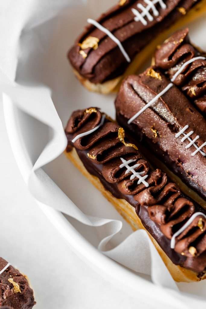 How to make chocolate peanut butter football eclairs for Super Bowl Sunday. Dairy Free Recipe
