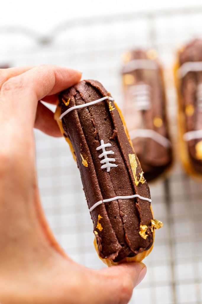 How to make chocolate peanut butter football eclairs for Super Bowl Sunday. Dairy Free Recipe