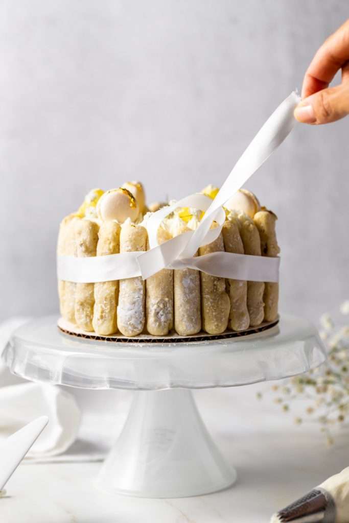 A bright and cheery lemon Charlotte cake, made with 4" macaron shells in place of sponge. Filled with lemon frosting and lemon curd. Dairy and gluten free.