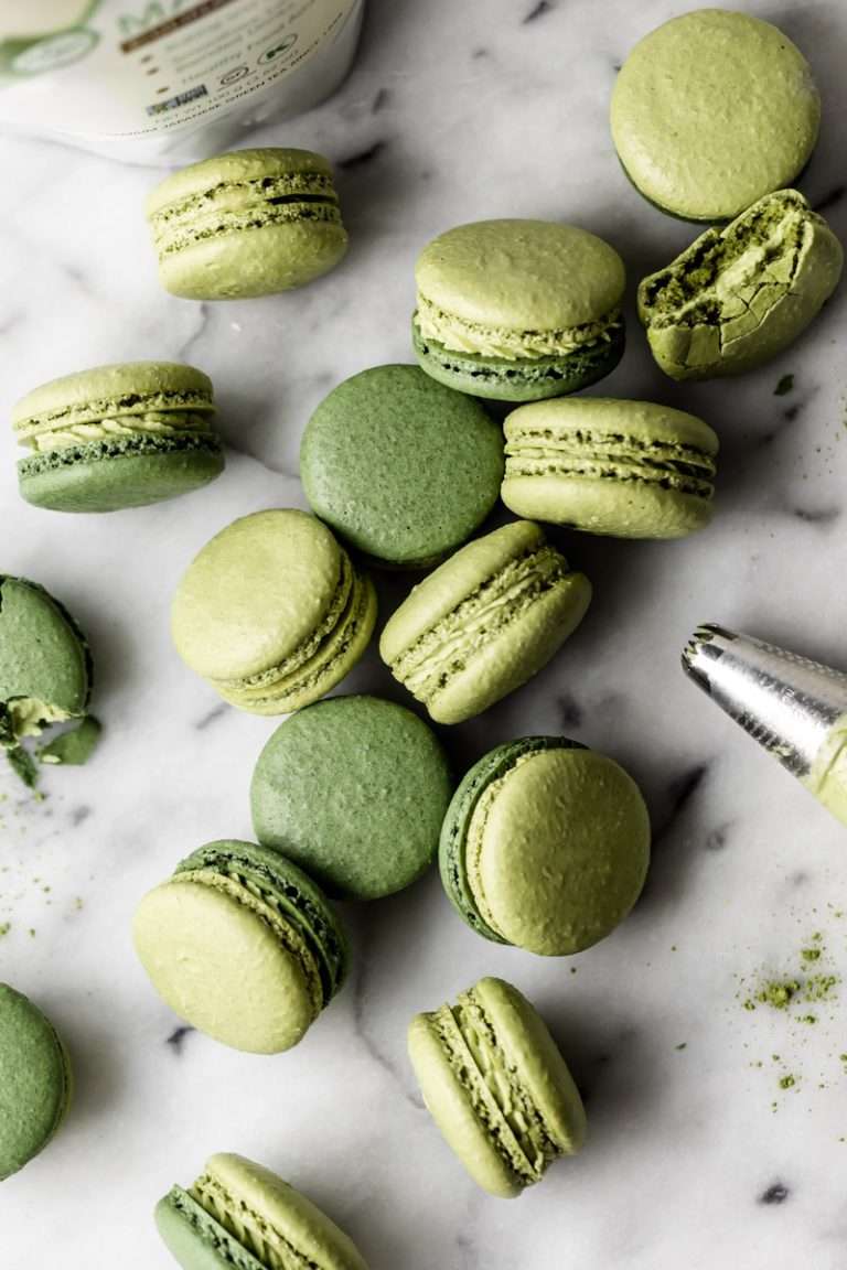 The best matcha French macarons, infused with culinary matcha powder from Aiya Matcha. Dairy, gluten free and delicious!