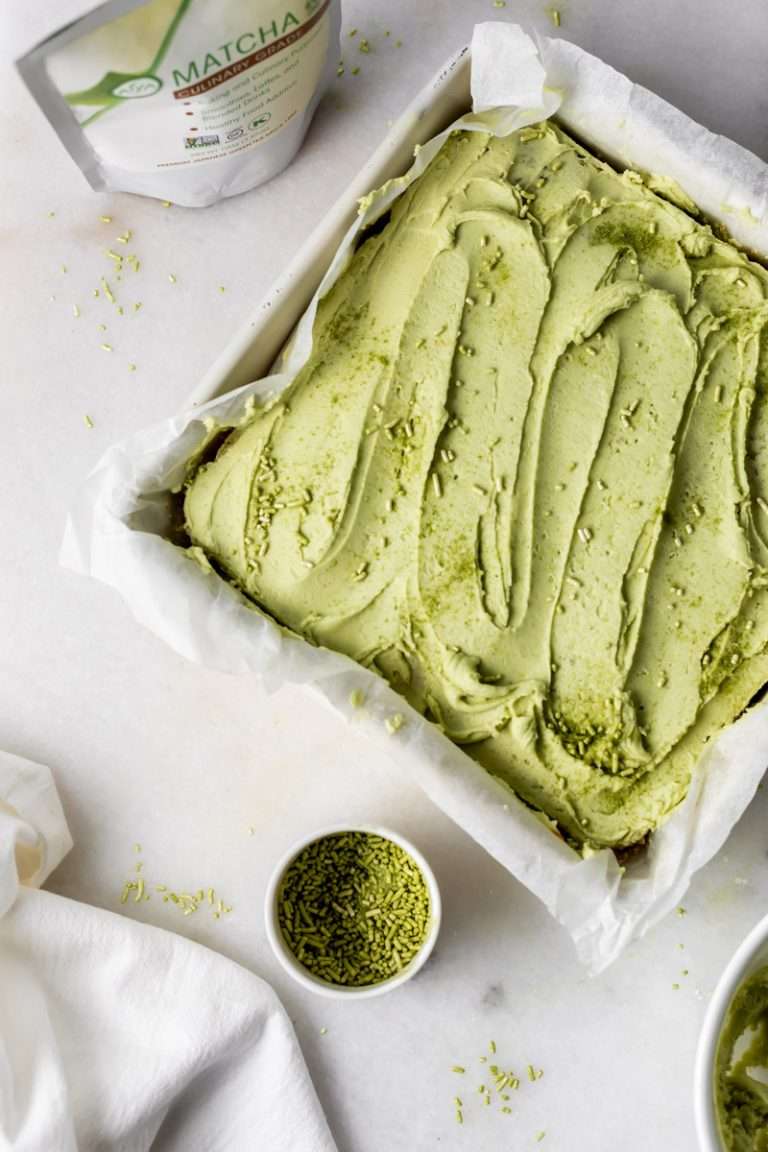 Light and fluffy matcha snacking cake, with matcha buttercream frosting. This cake is easy to make and also dairy free!