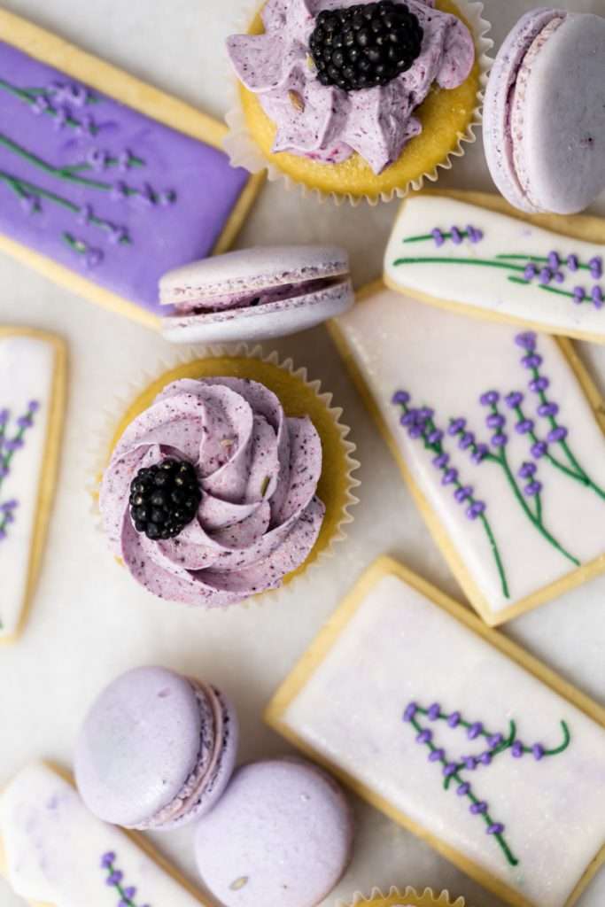 Lavender themed desserts, cupcakes, cookies and macarons