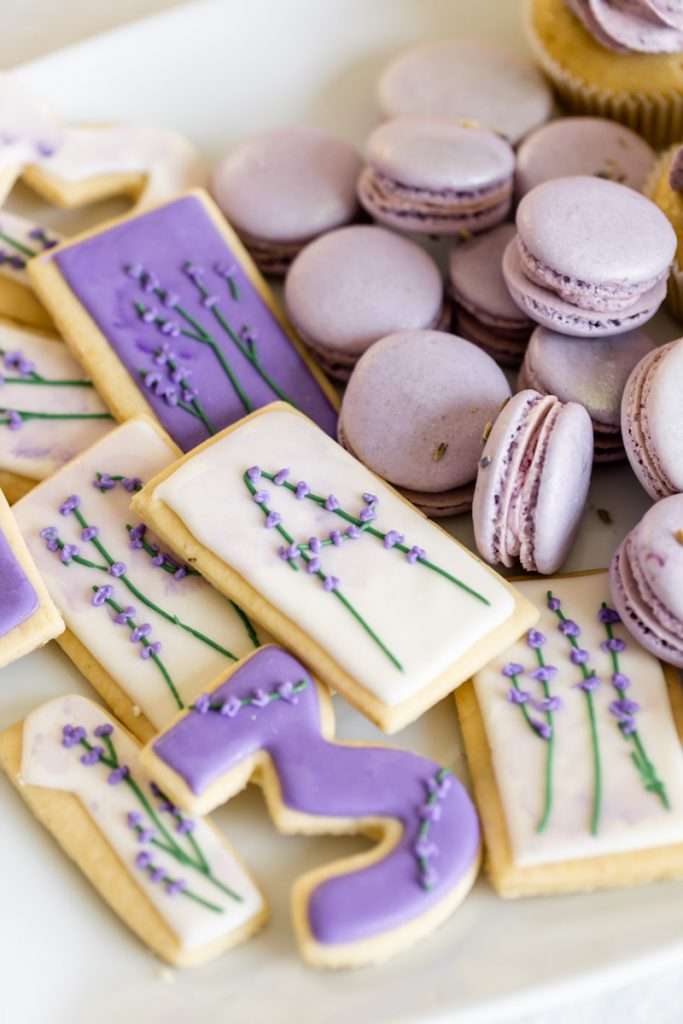 Lavender themed desserts, cupcakes, cookies and macarons