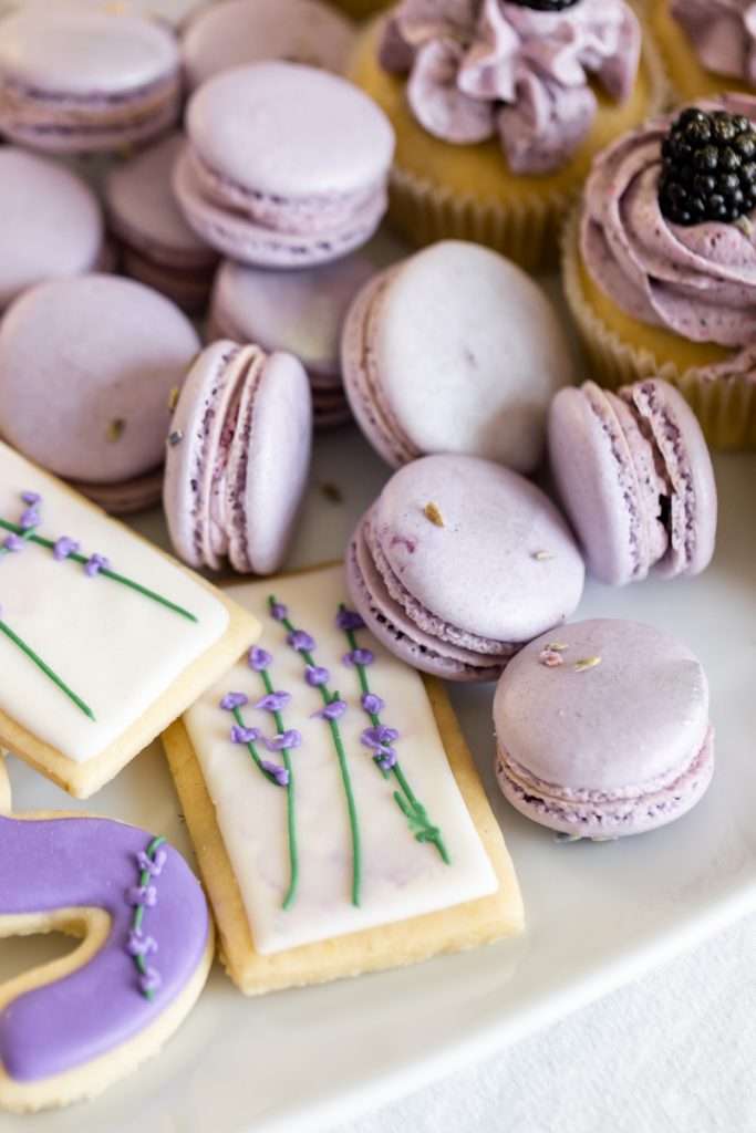 Lavender themed desserts, cupcakes, cookies and macarons