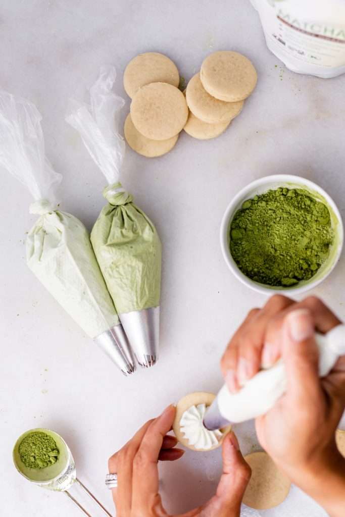 Decorating cookies with matcha infused royal icing