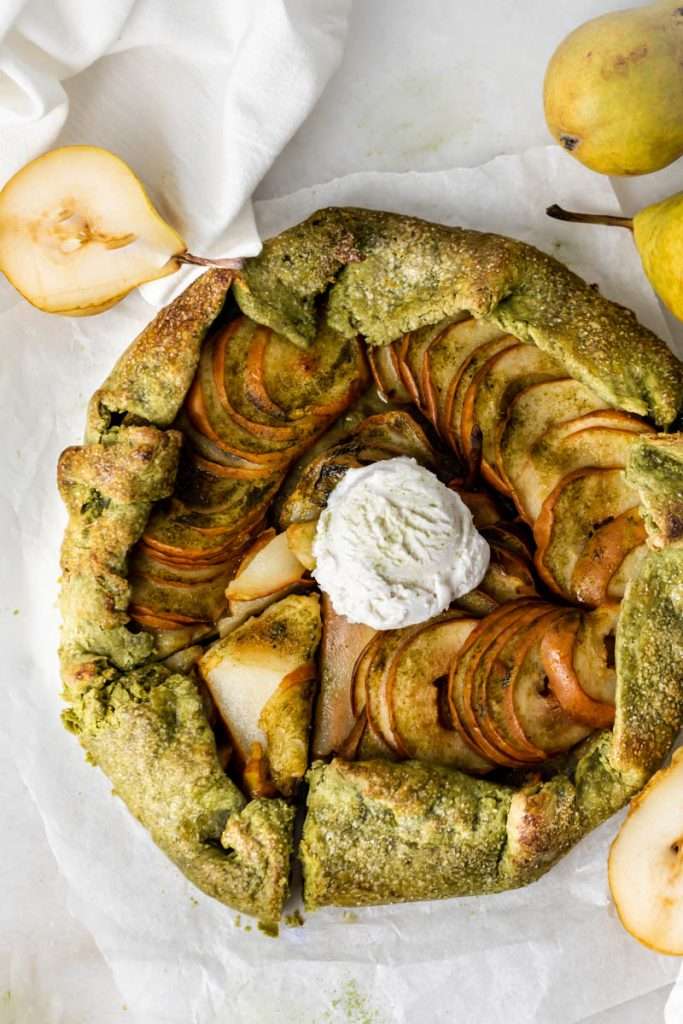 Matcha Pear Galette with a matcha infused crust. A delicious dessert for Thanksgiving and the holiday season.