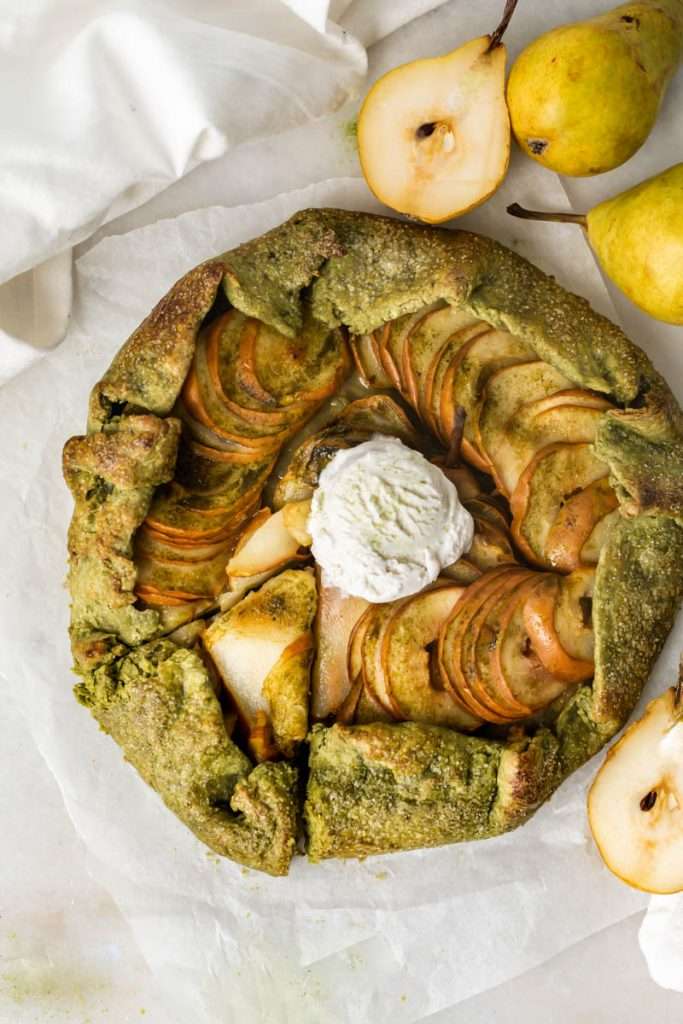 Matcha Pear Galette with a matcha infused crust. A delicious dessert for Thanksgiving and the holiday season.