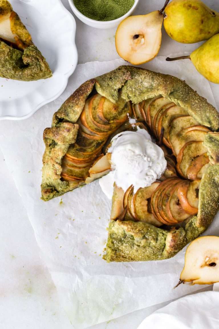 Matcha Pear Galette with a matcha infused crust. A delicious dessert for Thanksgiving and the holiday season.