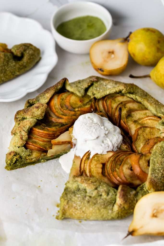 Matcha Pear Galette with a matcha infused crust. A delicious dessert for Thanksgiving and the holiday season.