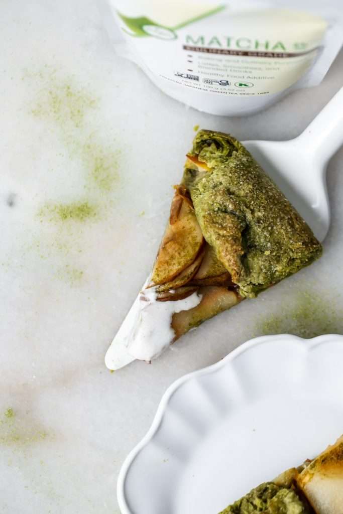 Matcha Pear Galette with a matcha infused crust. A delicious dessert for Thanksgiving and the holiday season.