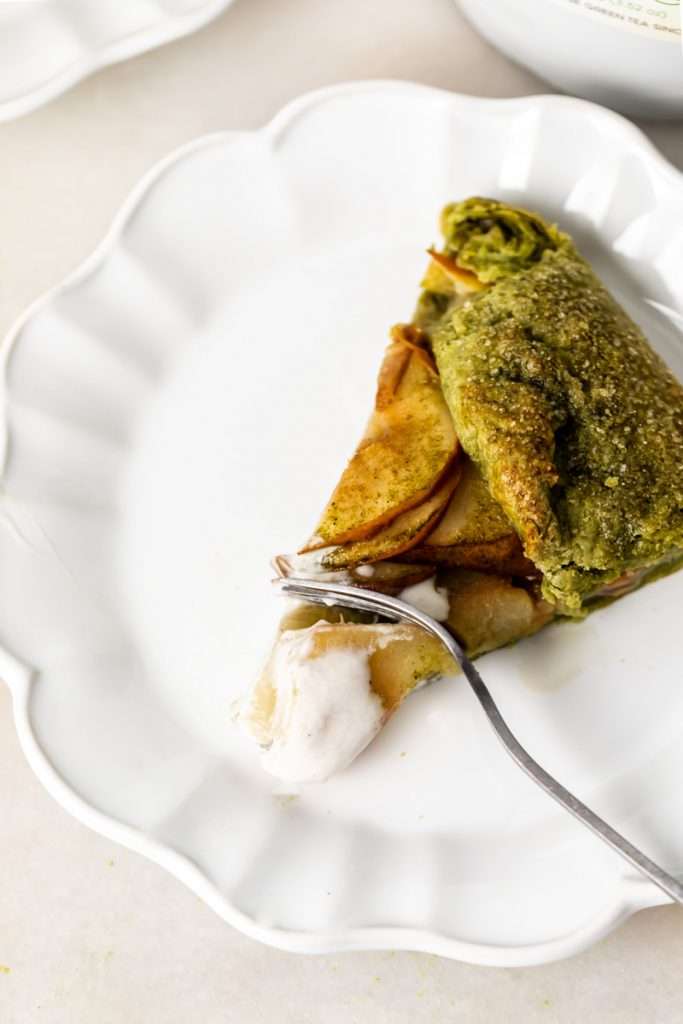 Matcha Pear Galette with a matcha infused crust. A delicious dessert for Thanksgiving and the holiday season.