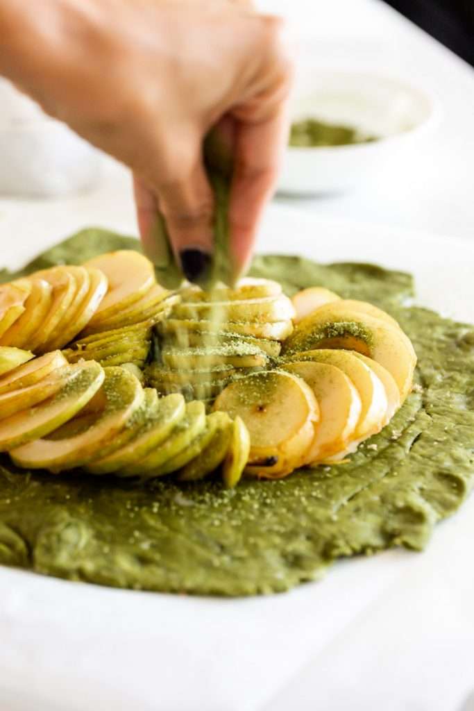 Matcha Pear Galette with a matcha infused crust. A delicious dessert for Thanksgiving and the holiday season.