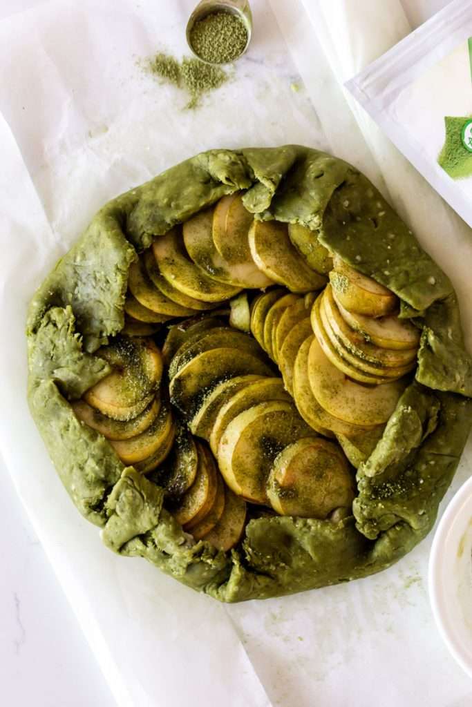 Matcha Pear Galette with a matcha infused crust. A delicious dessert for Thanksgiving and the holiday season.