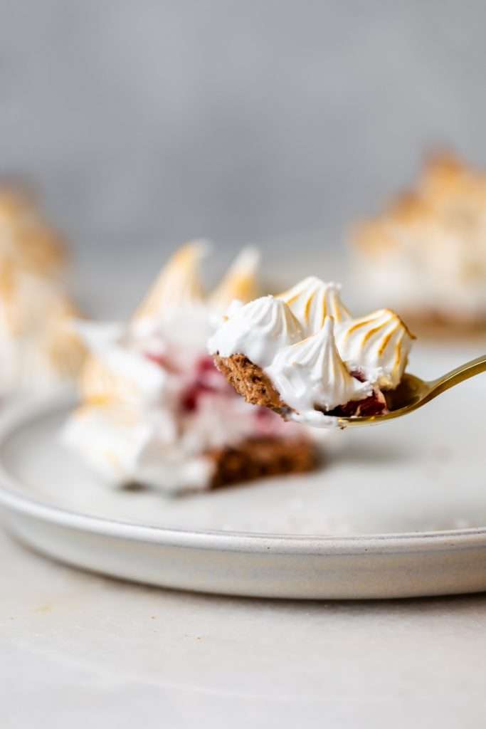 Baked Alaska Macarons, with a chocolate macaron shell base, raspberry ice cream core, topped with torched Italian meringue. A modern bite-sized spin on the classic Baked Alaska dessert. Dairy Free & Gluten Free