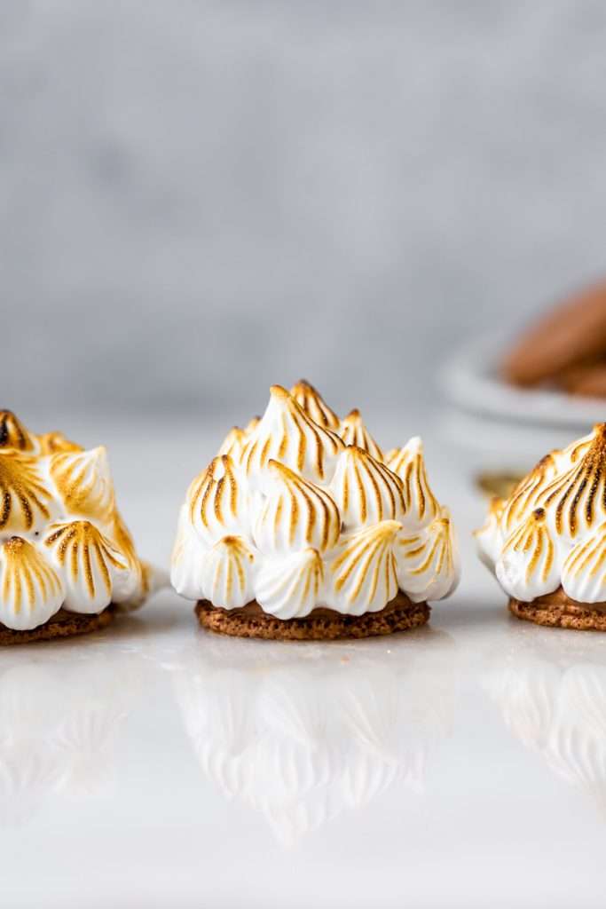 Baked Alaska Macarons, with a chocolate macaron shell base, raspberry ice cream core, topped with torched Italian meringue. A modern bite-sized spin on the classic Baked Alaska dessert. Dairy Free & Gluten Free