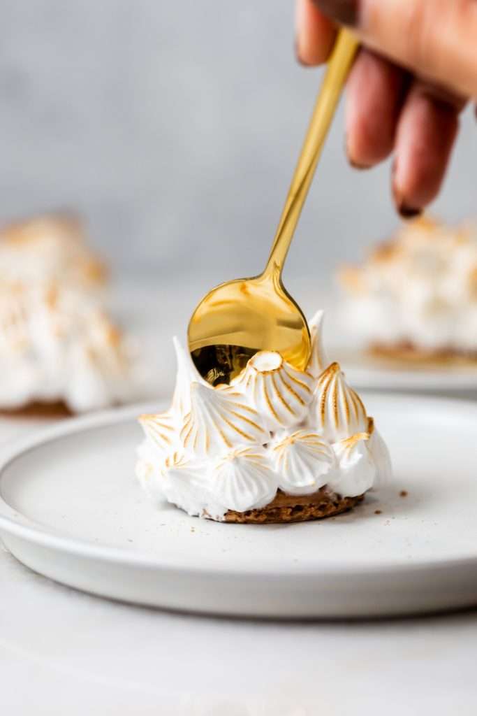 Baked Alaska Macarons, with a chocolate macaron shell base, raspberry ice cream core, topped with torched Italian meringue. A modern bite-sized spin on the classic Baked Alaska dessert. Dairy Free & Gluten Free