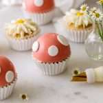 An easy tutorial and recipe for mushroom cap and daisy decorated cupcakes, perfect for kids party themes and seasonal celebrations. Dairy Free