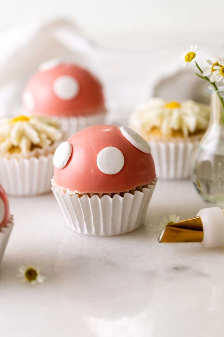 An easy tutorial and recipe for mushroom cap cupcakes, perfect for kids party themes and celebrations. Dairy Free