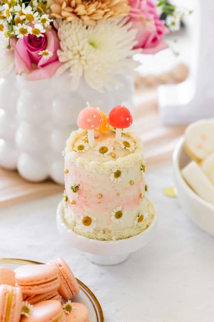Kids retro themed mini birthday cake and party desserts.