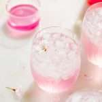 Sakura Cherry Blossom spritz cocktail! It's delicate and refreshing and the prettiest shade of pink, perfect for spring and summer parties and upcoming Mother's Day. Shake and pour over ice! Cheers