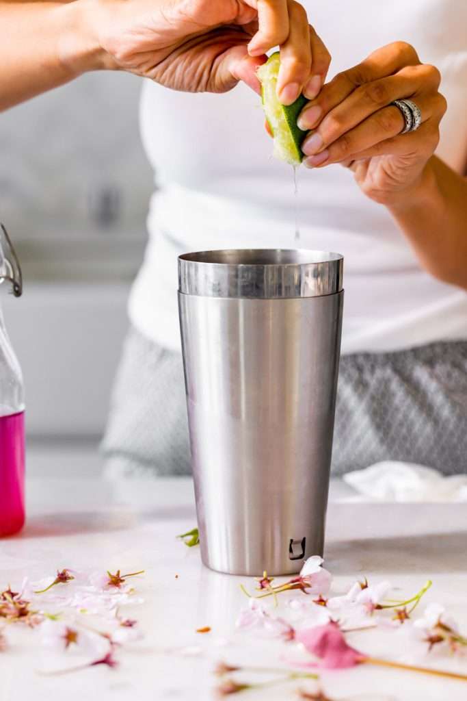 Sakura Cherry Blossom spritz cocktail! It's delicate and refreshing and the prettiest shade of pink, perfect for spring and summer parties and upcoming Mother's Day. Shake and pour over ice! Cheers