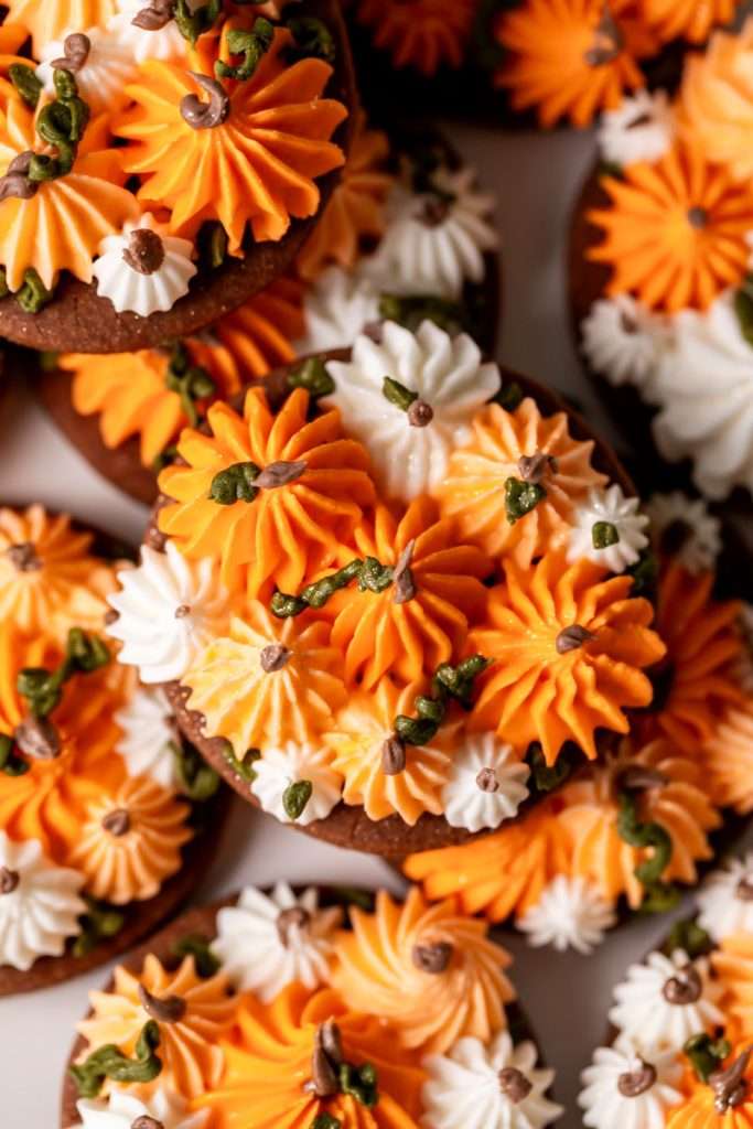 Cute chocolate cutout sugar cookies, decorated with easy pumpkin patch icing decorations. They're soft and delicious and perfect for fall gatherings, with a dairy free option included!