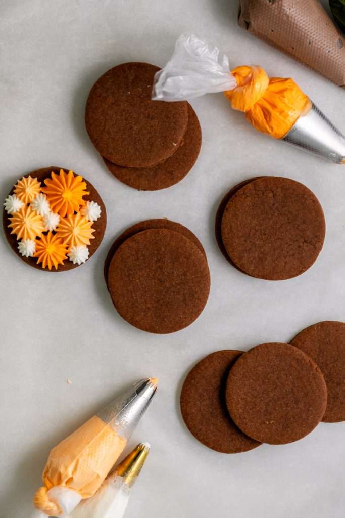 Cute chocolate cutout sugar cookies, decorated with easy pumpkin patch icing decorations. They're soft and delicious and perfect for fall gatherings, with a dairy free option included!