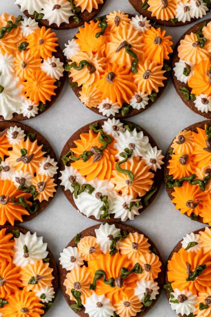 Cute chocolate cutout sugar cookies, decorated with easy pumpkin patch icing decorations. They're soft and delicious and perfect for fall gatherings, with a dairy free option included!