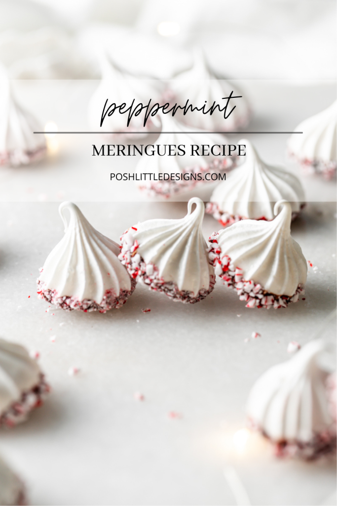 Chocolate dipped peppermint meringue cookies topped with crushed candy canes for Christmas.