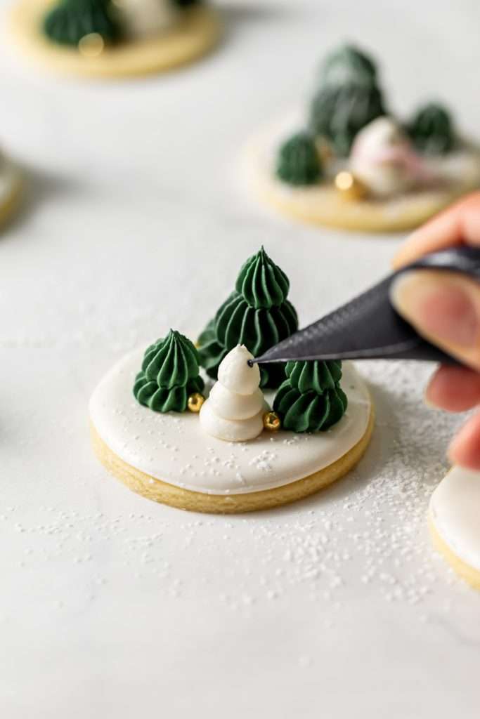 Winter themed roll out sugar cookies, flooded with a royal icing base and decorated with easy three dimension trees and snowmen, using star and round piping tips. The Christmas cookie design requires little decorating experience and will be perfect for your next holiday party or cookie exchange! 