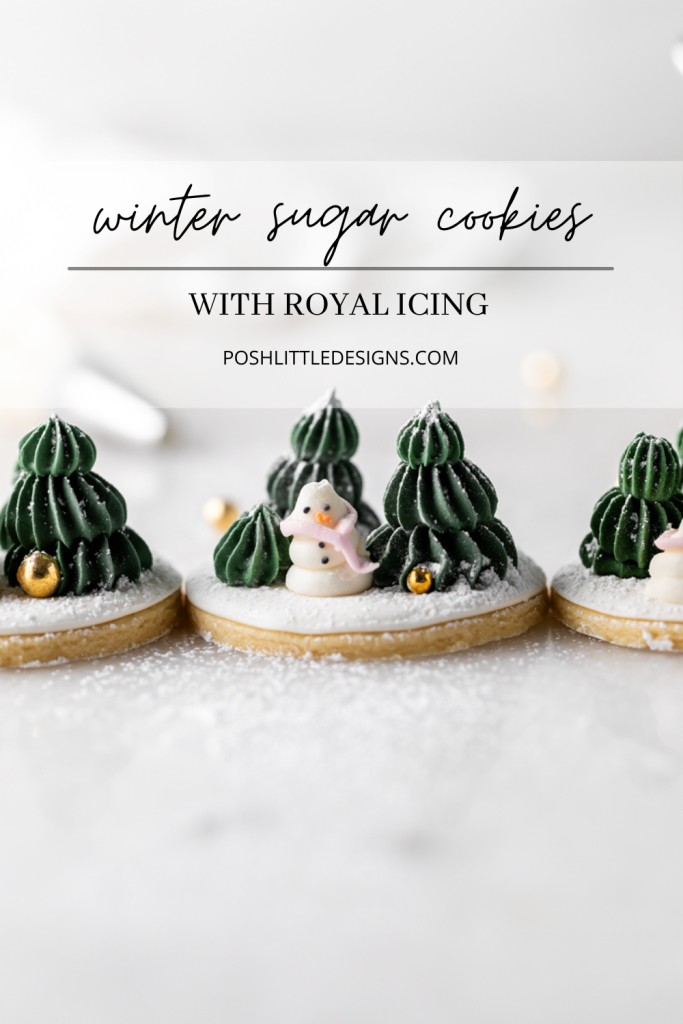 Winter themed roll out sugar cookies, flooded with a royal icing base and decorated with easy three dimension trees and snowmen, using star and round piping tips. The Christmas cookie design requires little decorating experience and will be perfect for your next holiday party or cookie exchange! 