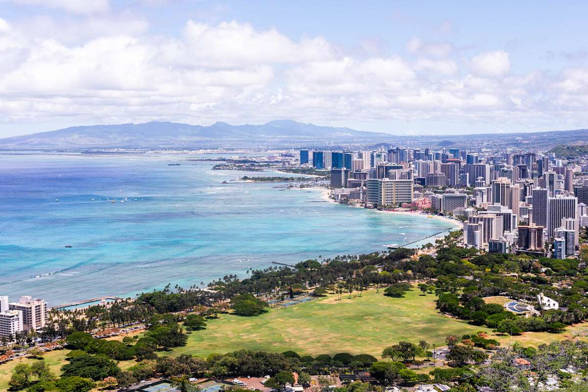 Scenic views of Waikiki beach from atop Diamond Head State Monument.