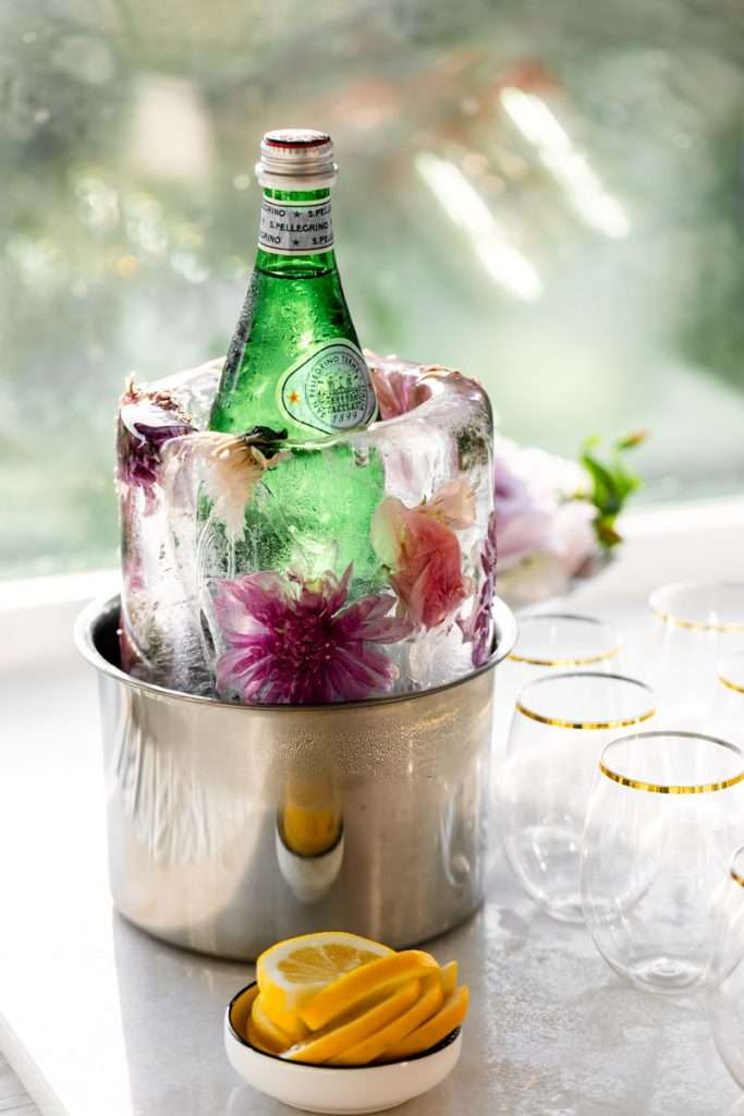 Floral ice mold for a flower themed birthday party. San Pellegrino
