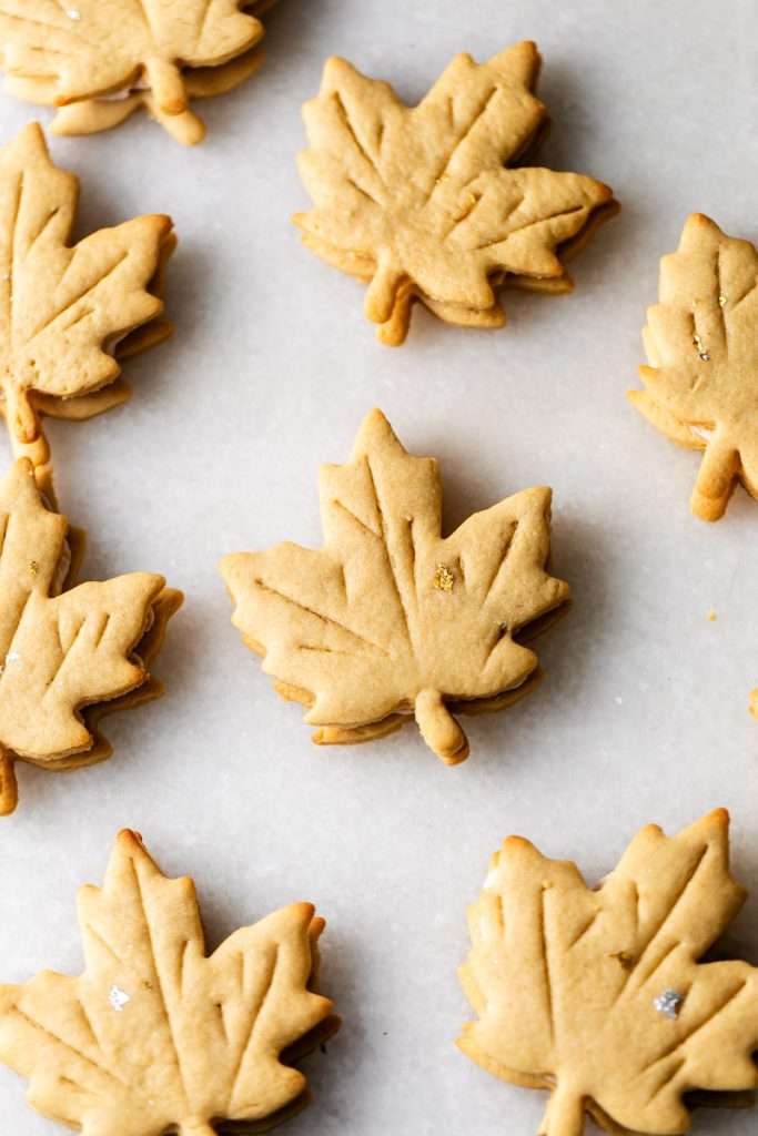 Easy and delicious maple leaf cookies, inspired by Canadian maple cookies filled with maple buttercream and simply decorated with edible gold. A wonderful treat for the fall season and for upcoming fall gatherings. Dairy free option included.