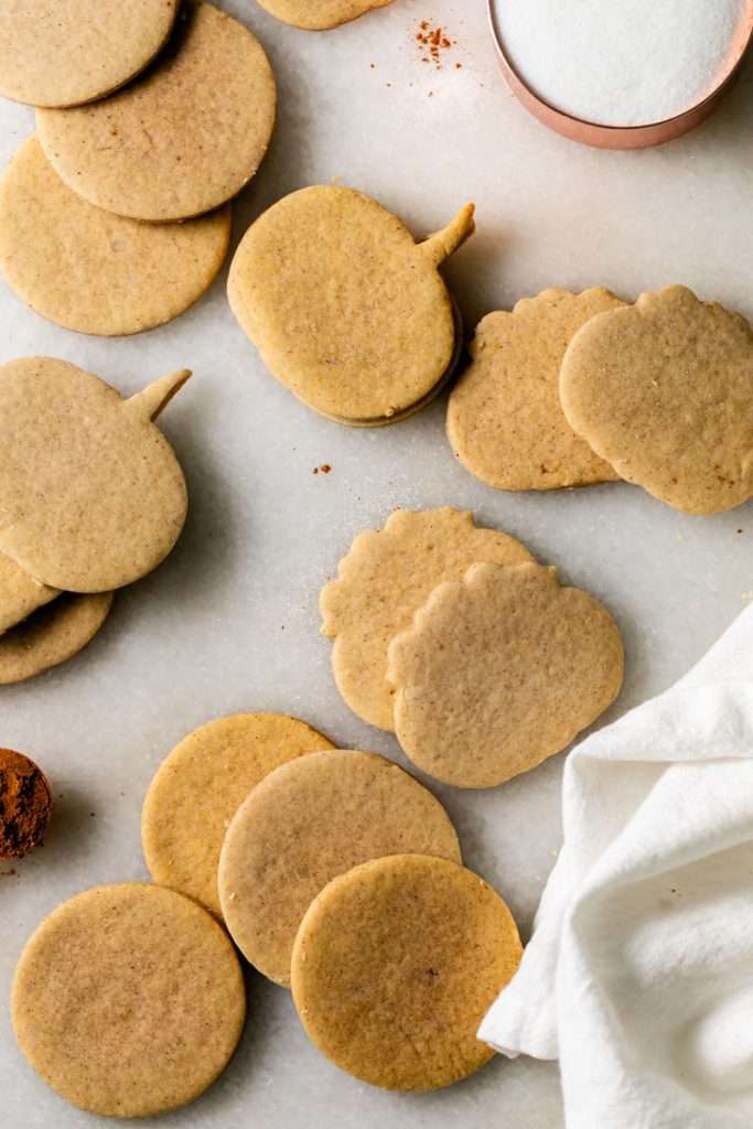 New downloadable recipe for Pumpkin Spice flavored sugar cookies, baked with pumpkin purée and pumpkin spice blend. They are cozy, flavorful and the perfect seasonal roll out cookie to decorate with your favorite royal icing or buttercream frosting. Dairy free option included!