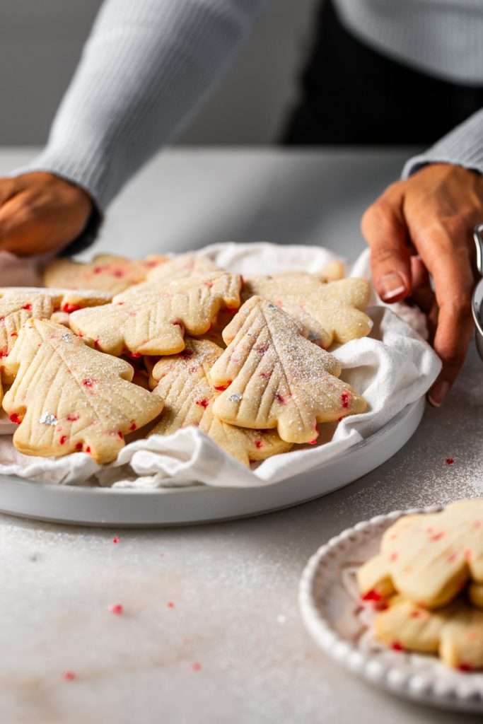 Peppermint tree sugar cookies infused with crushed peppermint and vanilla bean. Decorated simply with modern branch lines, silver leaf and powdered sugar. An easy, delicious and festive contender for your holiday cookie baking lineup.