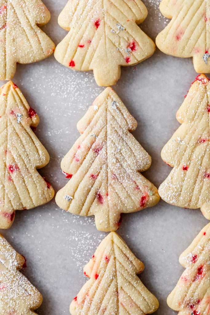 Easy Christmas peppermint cookies with a simple cut design, dusted with powdered sugar, no icing