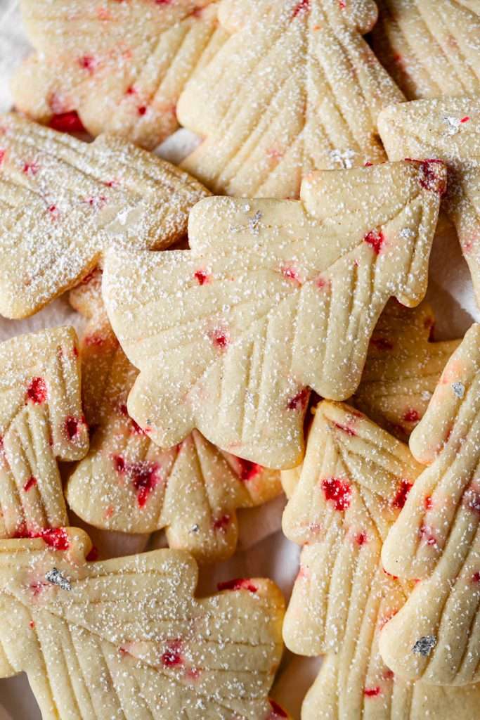 Easy Christmas peppermint cookies with a simple cut design, dusted with powdered sugar, no icing