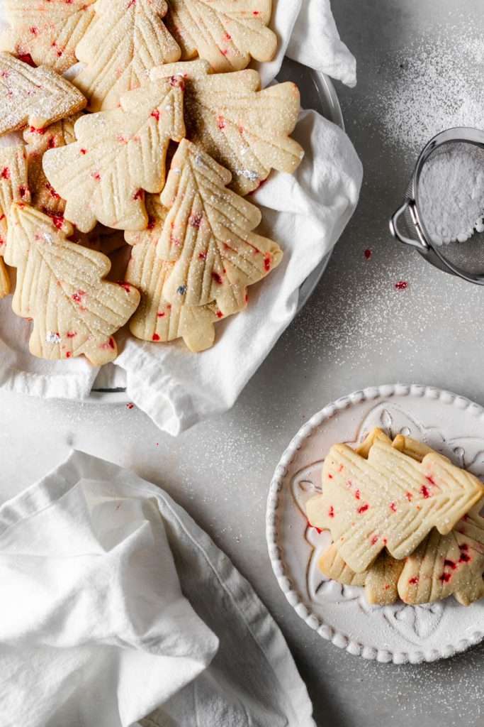 Easy Christmas peppermint cookies with a simple cut design, dusted with powdered sugar, no icing